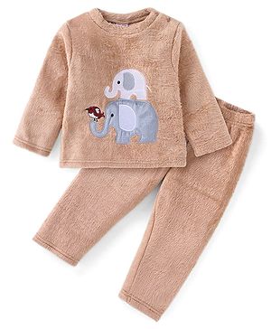 Babyhug Velour Knit Full Sleeves Winter Wear Night Suit with Elephant Patch - Tan