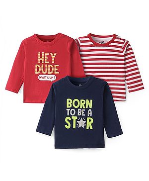 Doodle Poodle 100% Cotton Single Jersey Full Sleeves T-Shirts with Stripes & Text Print Pack of 3 - Red & Navy Blue