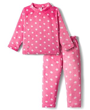 Babyhug Velour Knit Full Sleeves Winter Night Suit With Polka Dots  Print - Dark Pink
