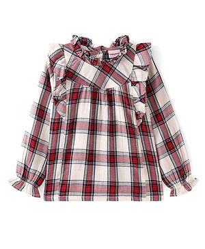 Babyhug Rayon Knit Full Sleeves Checkered Top with Frill Detailing - Off White