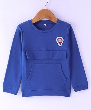 Olio Kids Cotton Knit Full Sleeves Winter Wear T-Shirt with Kangaroo Pocket & Hot Air Balloon Patch - Blue