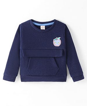 Olio Kids Cotton Knit Full Sleeves Winter T-Shirt with Kangaroo Pocket & Apple Patch - Navy Blue