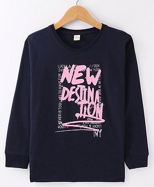 Olio Kids Cotton Knit Full Sleeves T-Shirt with Text Print - Navy Blue