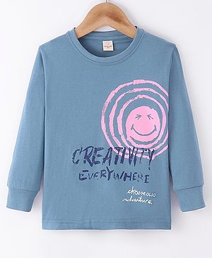 Olio Kids Cotton Knit Full Sleeves T-Shirts with Text Print - Blue