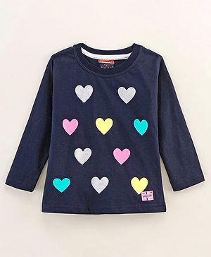 Olio Kids Cotton Knit Full Sleeves Winter Wear T-Shirt With Hearts Print - Navy