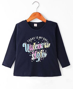 Olio Kids Cotton Knit Full Sleeves Winter T-Shirt With Text Print - Navy Blue