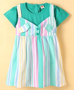 Dew Drops Poplin Woven Half Sleeves Striped Frock - Aqua