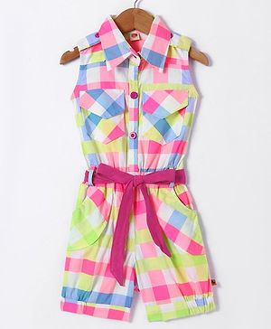 Dew Drops Poplin Woven Sleeveless Knee Length  Checkered Jumpsuit with Pockets & Fabric Belt - Pink