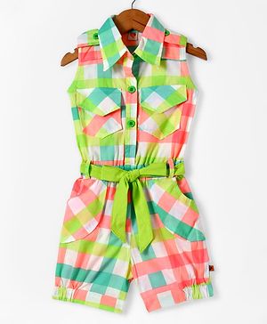 Dew Drops Poplin Woven Sleeveless Knee Length  Checkered Jumpsuit with Pockets & Fabric Belt - Peach