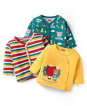 Babyhug 100% Cotton Knit Full Sleeves Front Open Anti Bacterial Vests with Stripes & Teddy Bear Print Pack of 3 - Yellow & Green