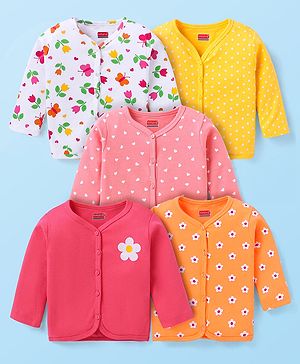 Babyhug 100% Cotton Knit Antibacterial Full Sleeves Front Open Vests with Floral Heart & Polka Dots Print Pack of 5 - Dark Pink Yellow & White