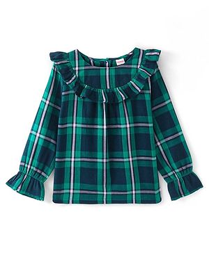 Babyhug Rayon Woven  Full Sleeves Checkered  Top With Frill Detailing - Green