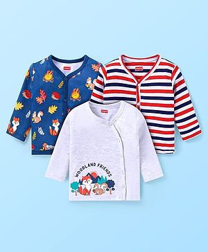 Babyhug 100% Cotton Knit Antibacterial Full Sleeves Front Open Vests with Striped Hedgehog & Fox Printed Pack of 3 - Navy Blue Grey & Red