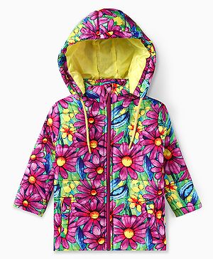 Ollington St. Full Sleeves Padded Hooded Jacket with Quilted Design & Floral Print - Pink Blue & Yellow