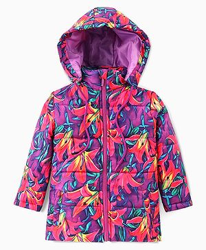 Ollington St. Woven Full Sleeves Floral Printed Padded Quilted Jacket with Detachable Hood - Purple & Pink