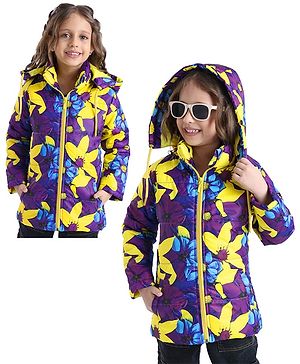 Ollington St. Woven Full Sleeves Floral Printed Padded Quilted Jacket with Detachable Hood  - Purple Blue & Yellow