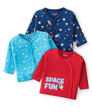 Babyhug 100% Cotton Antibacterial Front Open Vest With Space Theme Print Pack of 3 - Blue & Red