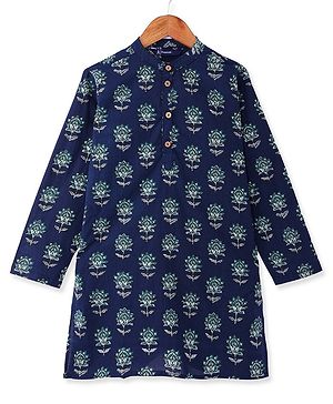 Pine Kids Cotton Woven Full Sleeves Kurta with Floral Print - Navy Blue