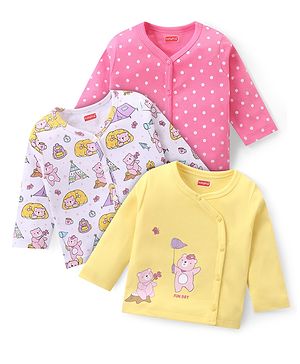 Babyhug 100% Cotton Antibacterial Front Open Vest Animal & Polka Dots Print Pack of 3 - Pink Yellow & White