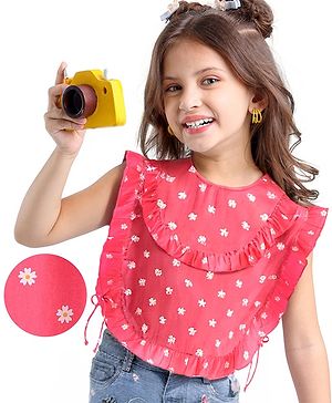 Babyhug Rayon Woven Sleeveless  Kaftan Top With Floral Print & Frill Detailing - Pink