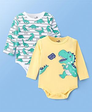 Doodle Poodle 100% Cotton Interlock Knit Full Sleeves Dino Printed Onesies Pack of 2 - Yellow & White