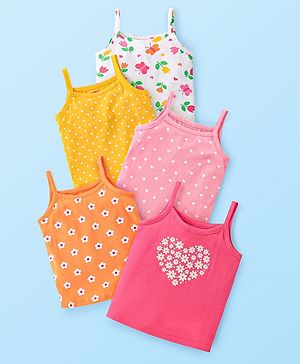 Babyhug 100% Cotton Knit Singlet Sleeves Antibacterial Slips With Polka Dots & Floral Print Pack of 5 - Multicolour