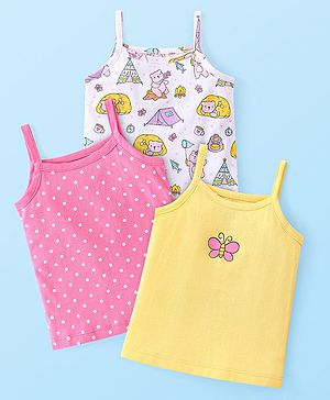 Babyhug 100% Cotton Knit Singlet Sleeves Antibacterial Slips With Polka Dots & Butterfly Print Pack of 3 - White Pink & Yellow