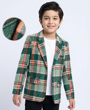 Pine Kids Knit Full Sleeves Checkered Blazer - Green & White