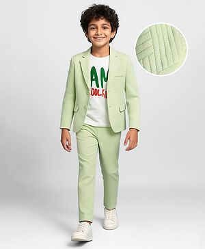 Pine Kids Knit Full Sleeves Solid Blazer with Trouser & Printed T-Shirt - Light Green