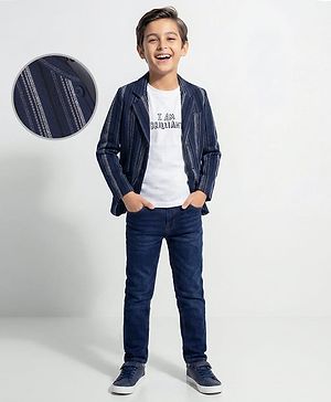 Pine Kids Knit Text Printed T-Shirt & Jeans with Full Sleeves Blazer - Navy Blue & White