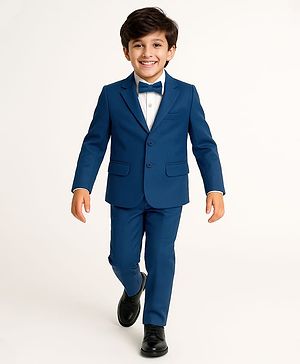 Pine Kids Knit Full Sleeves Solid Colour 3 Piece Party Suit With Bow - Teal Blue