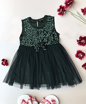 Bella Moda  Sleeveless Bow Applique Sequin Embellished Dress - Dark Green