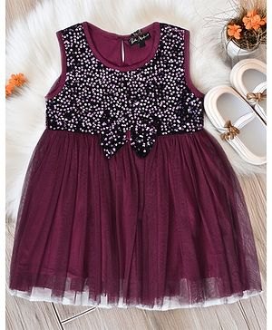 Bella Moda  Sleeveless Bow Applique Sequin Embellished Dress - Wine