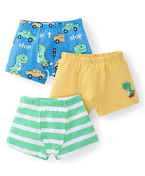 Babyhug 100% Cotton Antibacterial Striped & Dino Printed Trunks Pack of 3 - Yellow Blue & Green