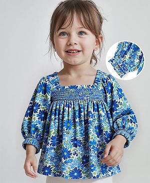 Babyhug Rayon Woven Full Sleeves Top With Smocking & Floral Print - Blue
