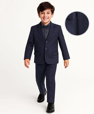 Pine Kids Knit Full Sleeves Solid Color 3 Piece Party Suit with Bow - Navy Blue