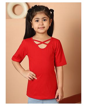 Mini & Ming Cotton Half  Sleeves Solid Cut Out Detailed Top - Red