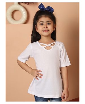 Mini & Ming Cotton Half  Sleeves Solid Cut Out Detailed Top - White