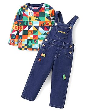 Babyhug Single Jersey Knit Full Sleeves Geometric Printed T-Shirt & Text Embroidered Dungaree - Navy Blue