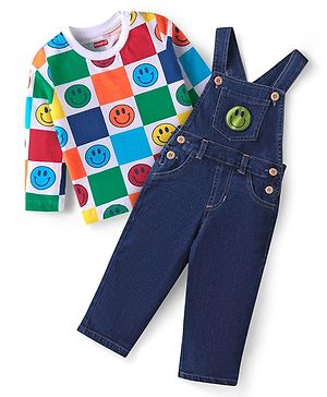 Babyhug Single Jersey Knit Full Sleeves Smiley Printed T-Shirt & Full Length Denim Dungaree - Navy Blue