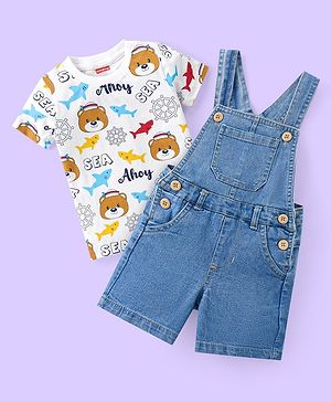 Babyhug Single Jersey Knit Half Sleeves Shark Printed T-Shirt & Dungaree - White & Blue
