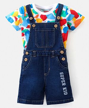 Babyhug Single Jersey Knit Dungaree with Half Sleeves T-Shirt Abstract & Text Print - Blue & White