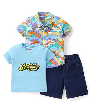 Babyhug Cotton Woven Half Sleeves Boat & Text Printed Shirt T-Shirt & Shorts Set - Navy &  Blue