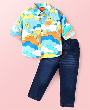 Babyhug Cotton Woven Full Sleeves Printed Shirt & Denim Jeans Set - Light Blue