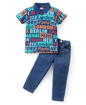 Babyhug Cotton Knit Half Sleeves Text Printed Polo T-Shirt & Denim Jeans Set - Blue