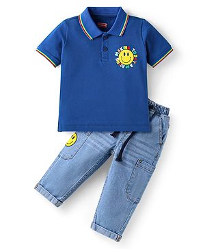 Babyhug Single Jersey Knit Half Sleeves T-Shirt with Denim Jeans Set Smiley Print - Blue