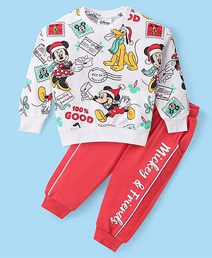 Babyhug Disney Cotton Knit Full Sleeves T-Shirt & Lounge Pants Set With Mickey Mouse Graphics - Red & White
