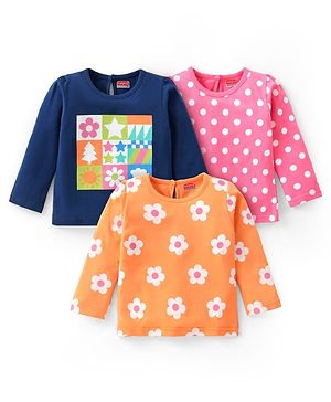 Babyhug Cotton Knit Full Sleeves T-Shirt with Floral & Polka Dots Print Pack of 3 - Navy Blue  Pink & Orange