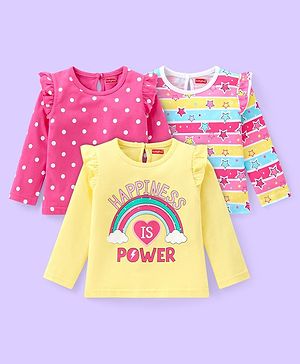 Babyhug Cotton Knit Full Sleeves Tops With Polka Dots & Star Print Pack of 3 - Pink Yellow & White