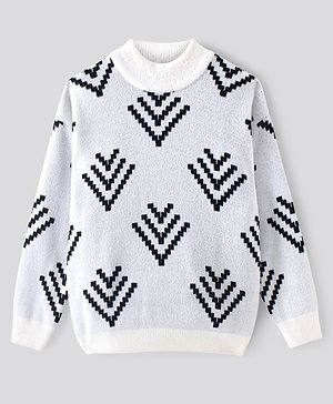 Primo Gino Knitted Full Sleeves Pullover Sweater With Chevron Design - White